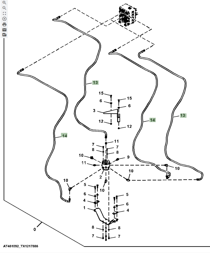 Hitachi ZX670LC-6 installation diagram showing hydraulic hose 4648203 at Pipe No. 14