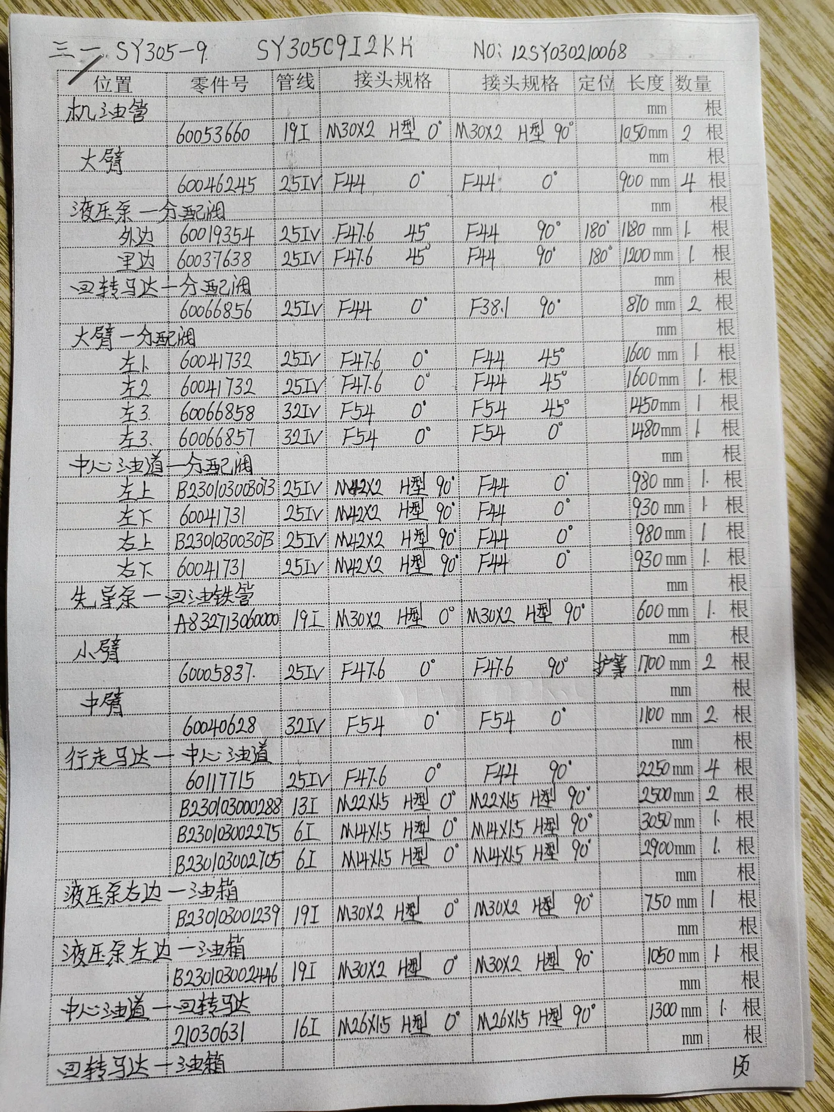 SANY SY305-9 hydraulic hose part numbers and recorded lengths — technician notebook page 1 of 5 — recorded hose parts A832713060000, B2300300028813I, B23003001231