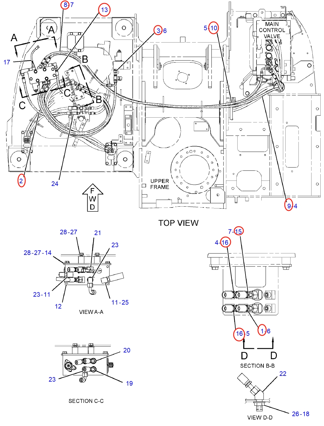 Caterpillar CAT®314D LCR installation diagram showing hydraulic hose 104-8768 at Pipe No. 9