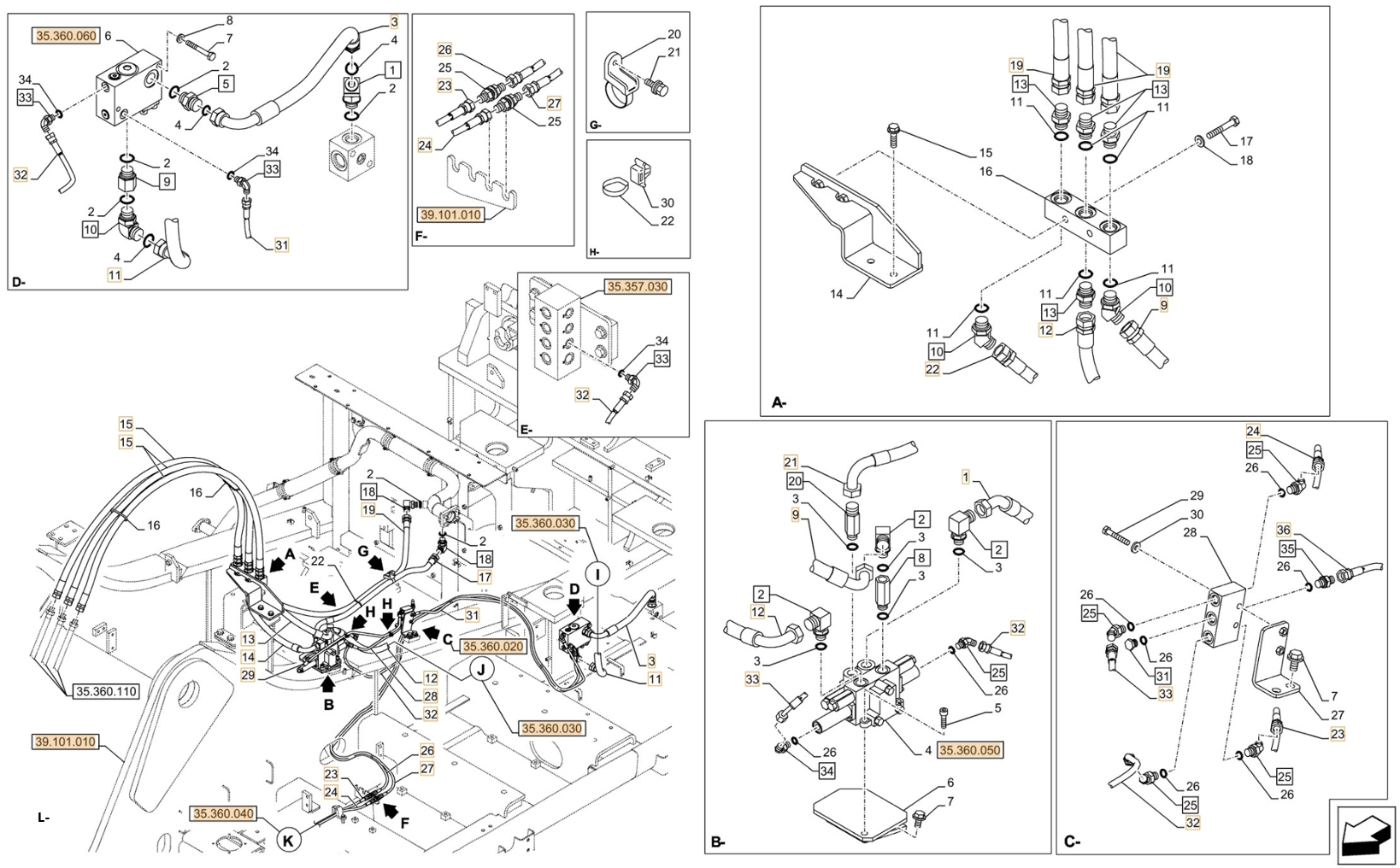 Case CX750D RTC installation diagram showing hydraulic hose KHJ2068 at Pipe No. D32-E32