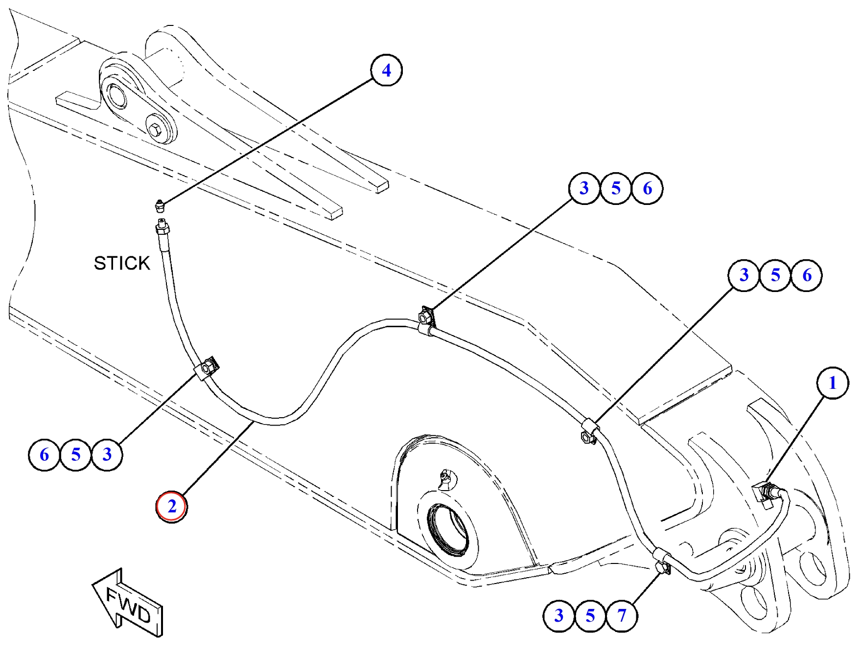 Caterpillar CAT®314D LCR installation diagram showing hydraulic hose 203-7400 at Pipe No. 2