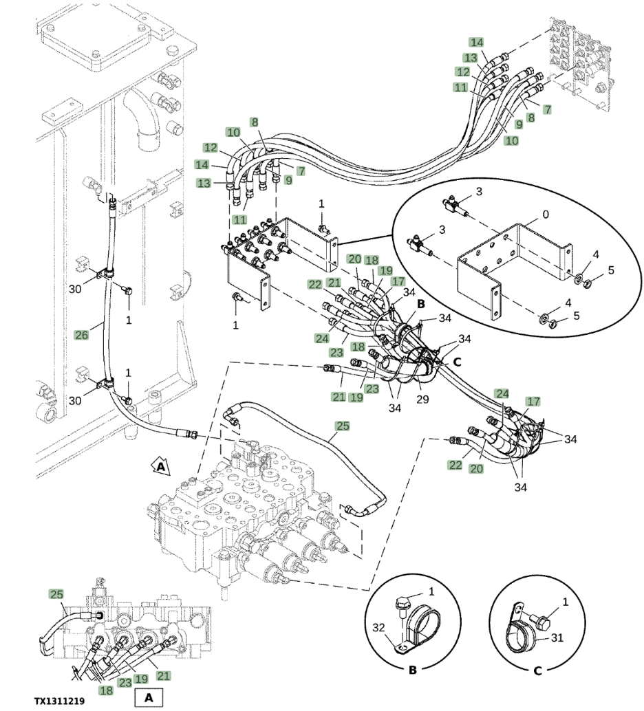 Hitachi EX1200-7 installation diagram showing hydraulic hose 4722364 at Pipe No. 23