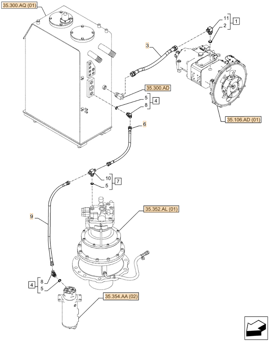 Case CX250D LC installation diagram showing hydraulic hose 163805A1 at Pipe No. 6
