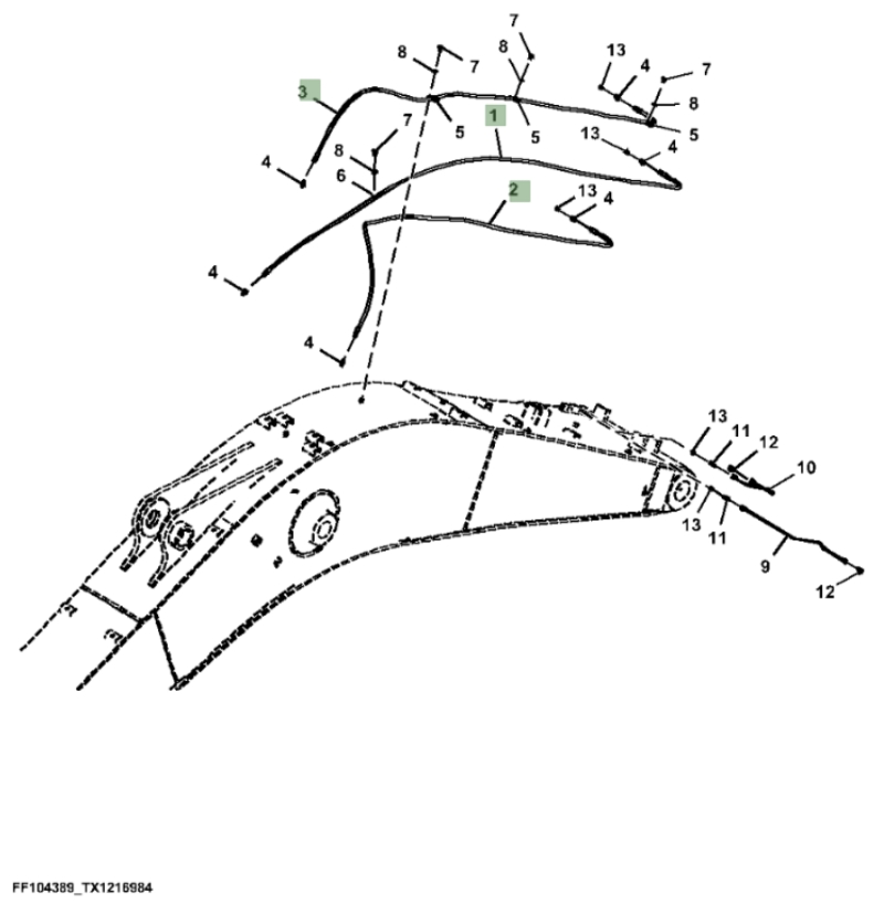 Hitachi ZX260FLC-FE-6N installation diagram showing hydraulic hose 4473135 at Pipe No. 3