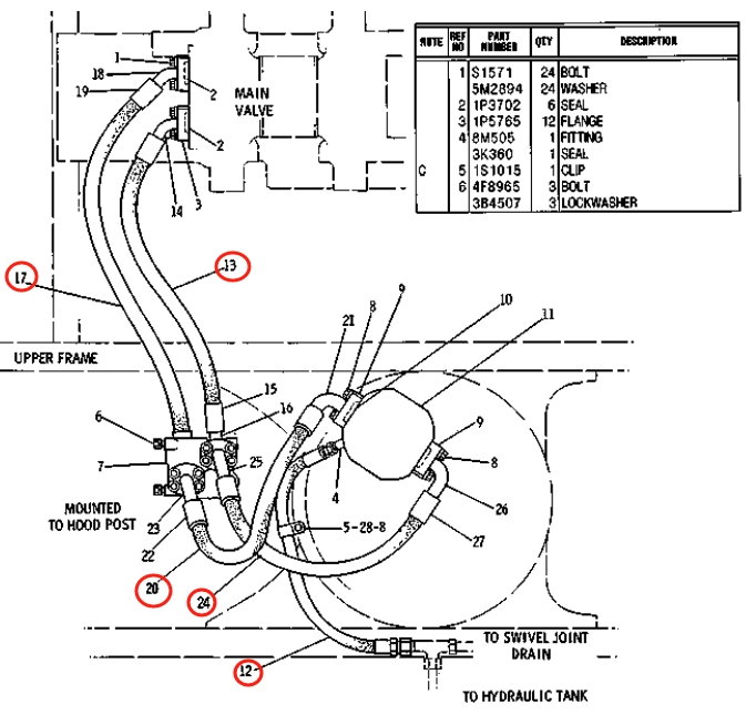 Caterpillar CAT®215B installation diagram showing hydraulic hose 5C-4176 at Pipe No. 12
