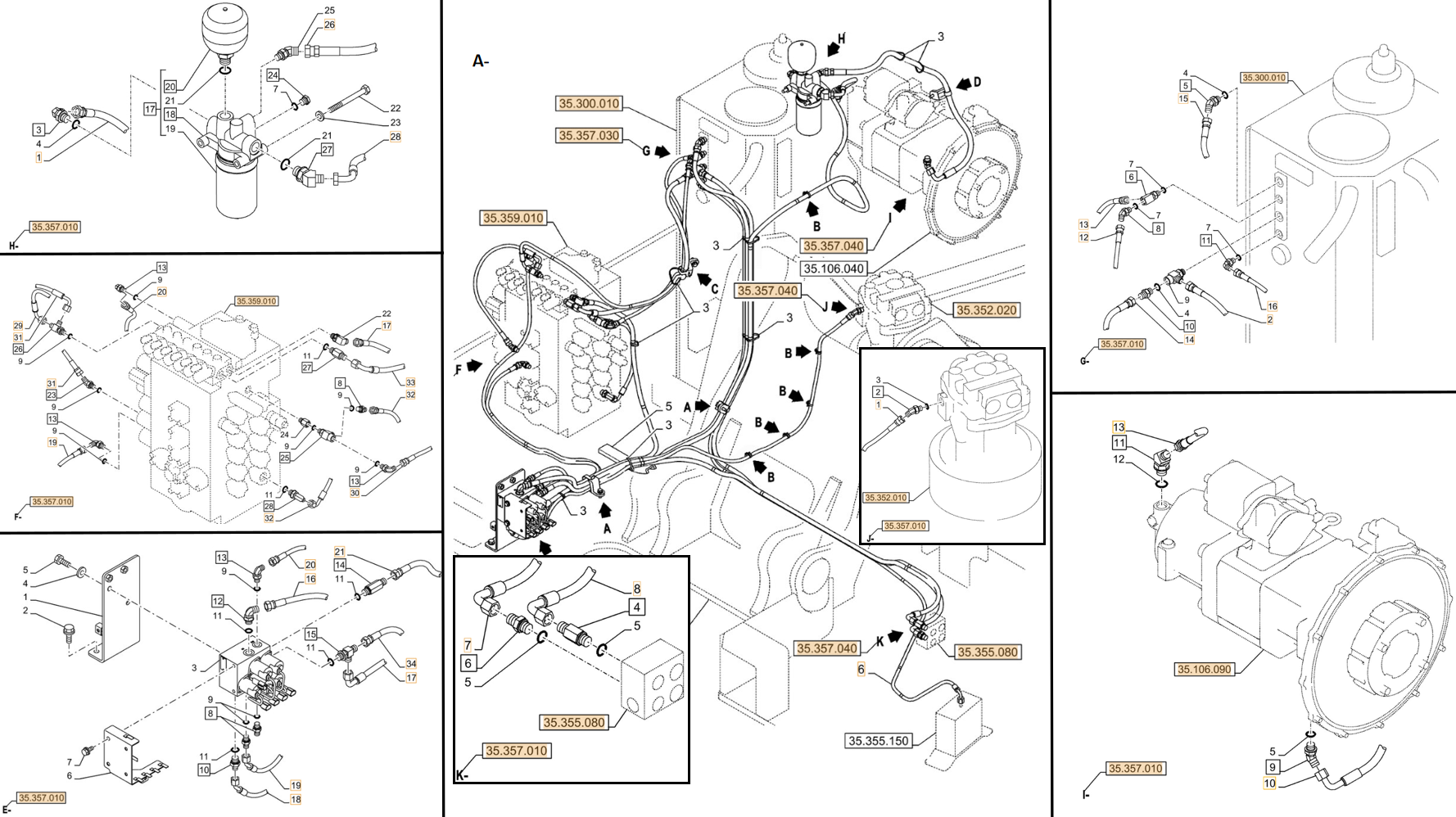 Case CX245D installation diagram showing hydraulic hose KHJ1168 at Pipe No. H28-I13
