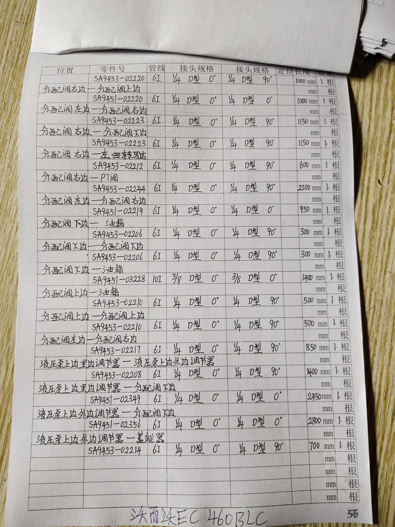 Volvo EC460 BL hydraulic hose part numbers and recorded lengths — technician notebook page 5 of 5 — recorded hose parts S19453-02223, SA945-02220, SA9453-0220