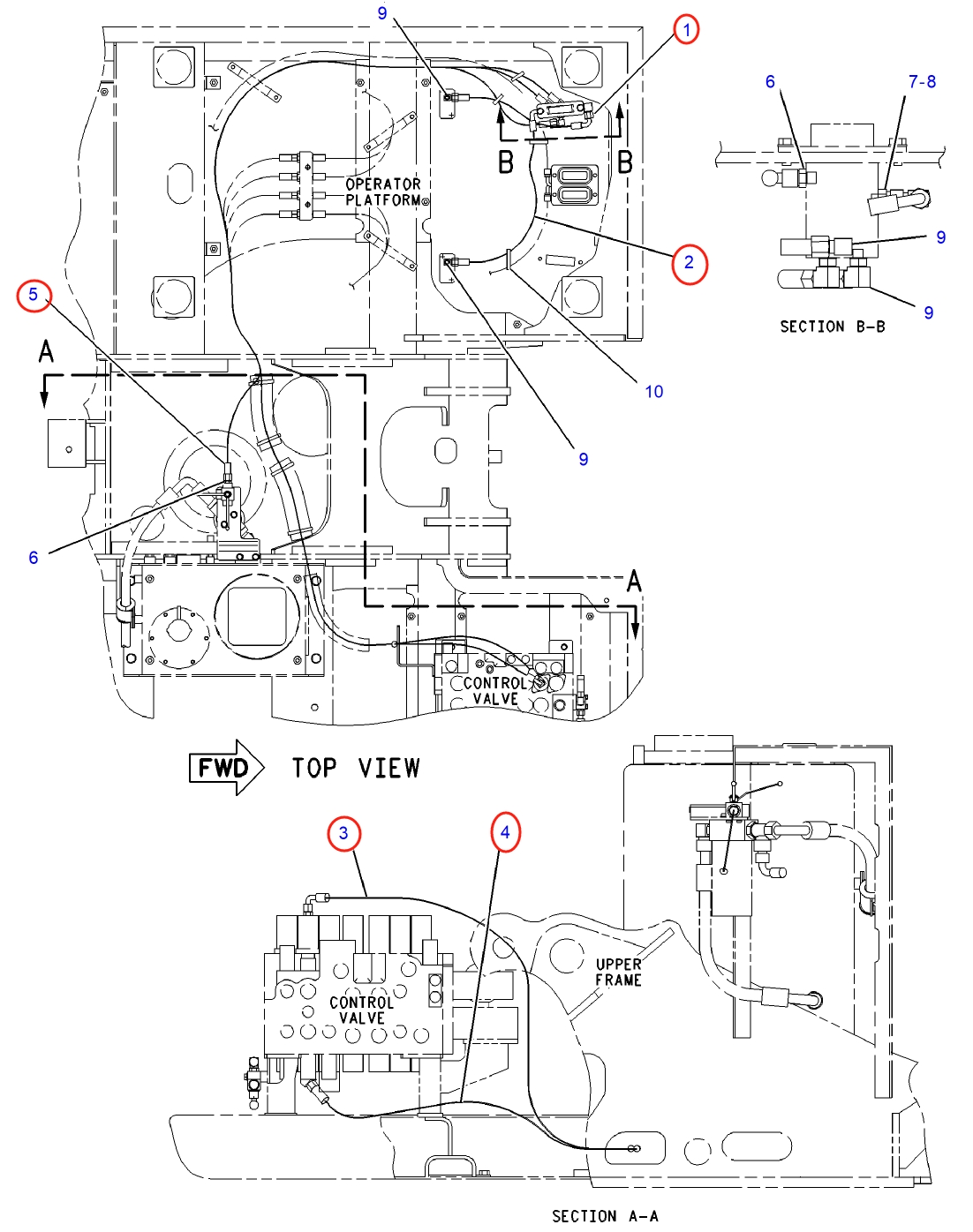 Caterpillar CAT®311C installation diagram showing hydraulic hose 104-8774 at Pipe No. 5