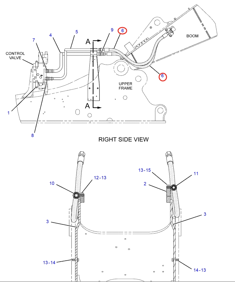 Caterpillar CAT®317B L installation diagram showing hydraulic hose 205-9859 at Pipe No. 6