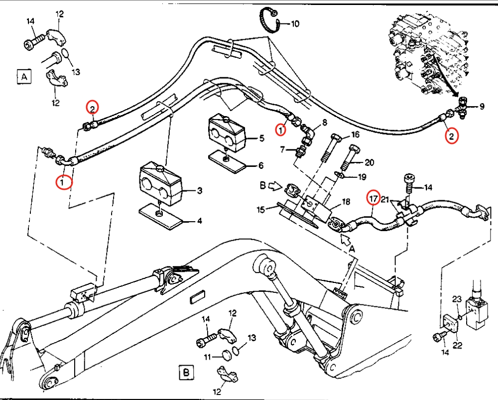 Caterpillar CAT®205B installation diagram showing hydraulic hose 8U-7521 at Pipe No. 17