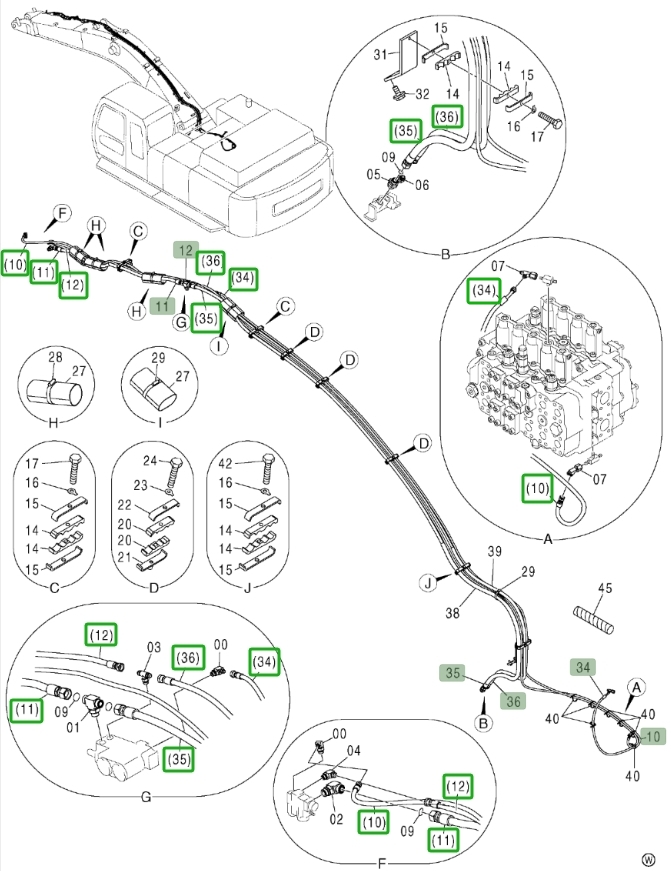 Hitachi ZX450LC installation diagram showing hydraulic hose 4356518 at Pipe No. 11