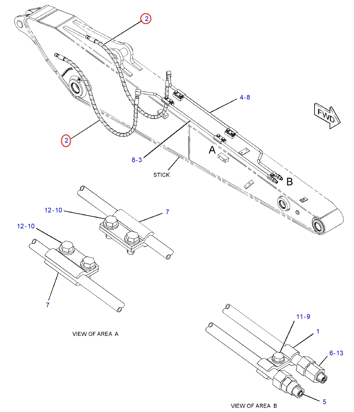 Caterpillar CAT®314E LCR installation diagram showing hydraulic hose 277-1251 at Pipe No. 2