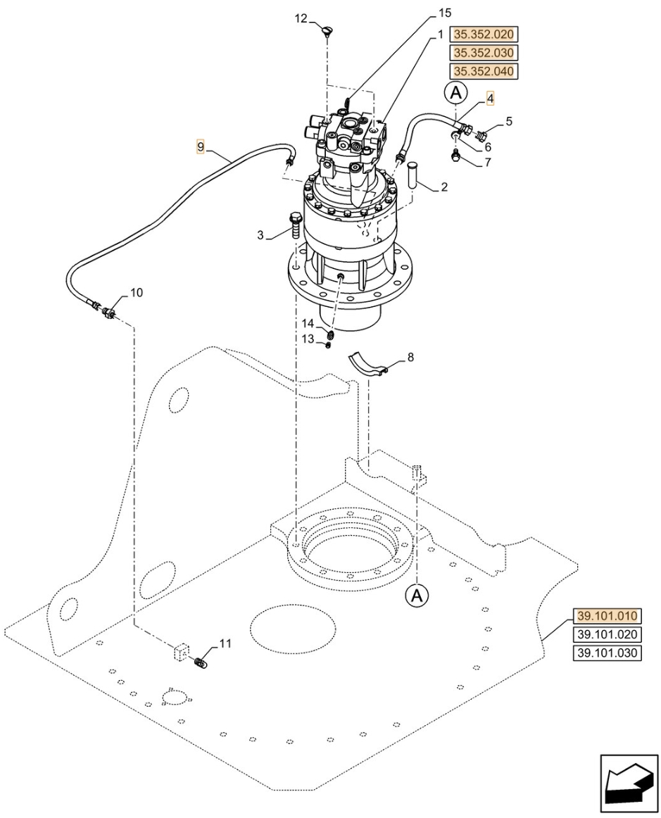 Case CX210D LC installation diagram showing hydraulic hose KHJ14930 at Pipe No. 9