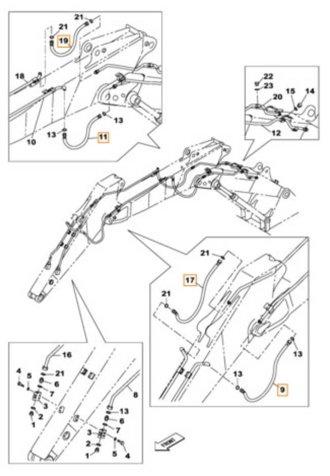Case CX230B installation diagram showing hydraulic hose KRV19740 at Pipe No. 9