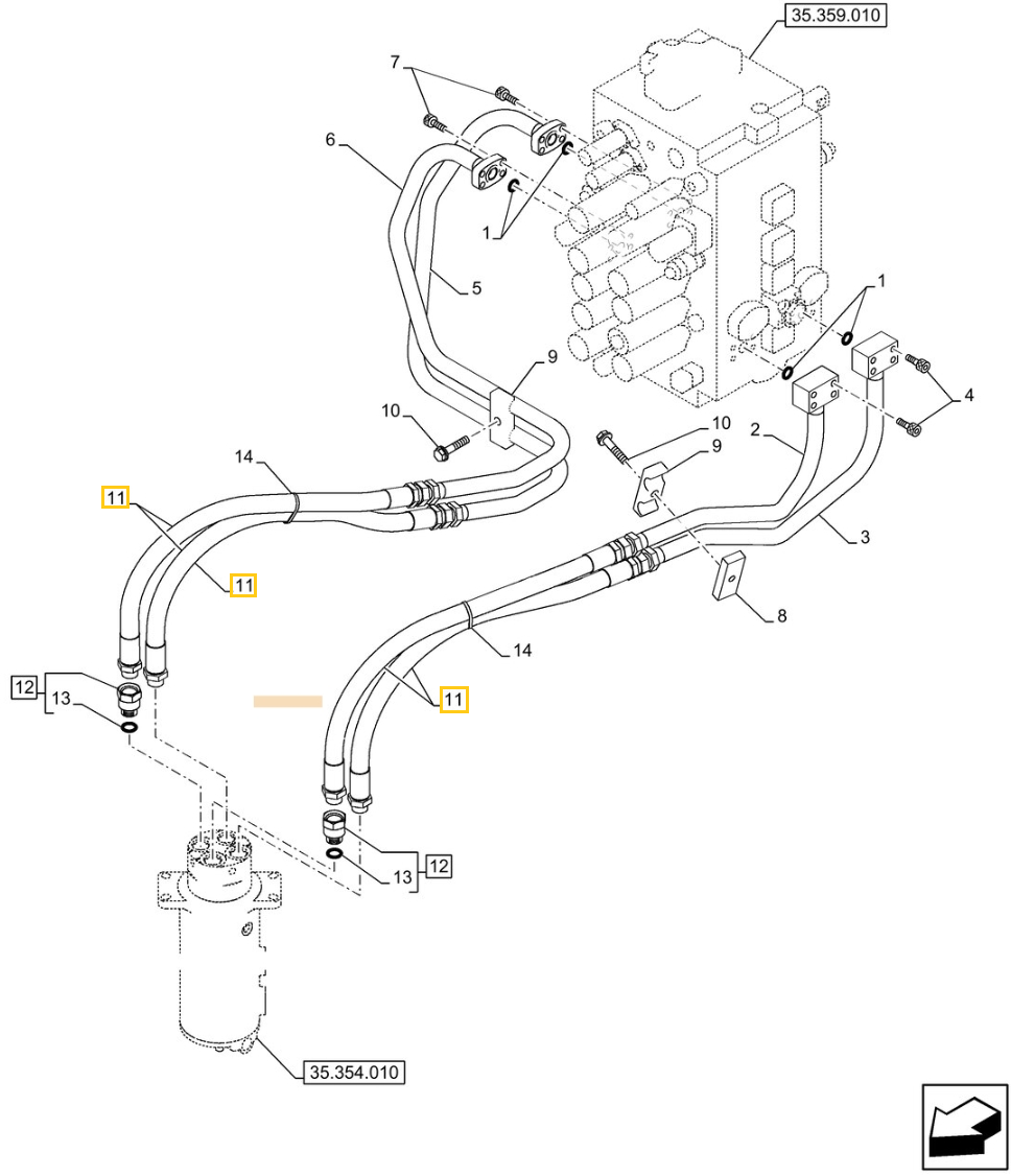 Case CX210E LC installation diagram showing hydraulic hose KRJ10710 at Pipe No. 12