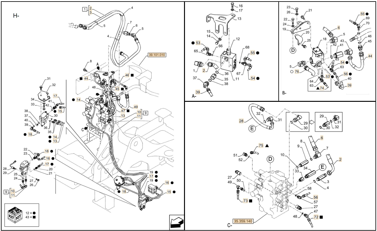 Case CX75C SR installation diagram showing hydraulic hose KHJ2087 at Pipe No. 15