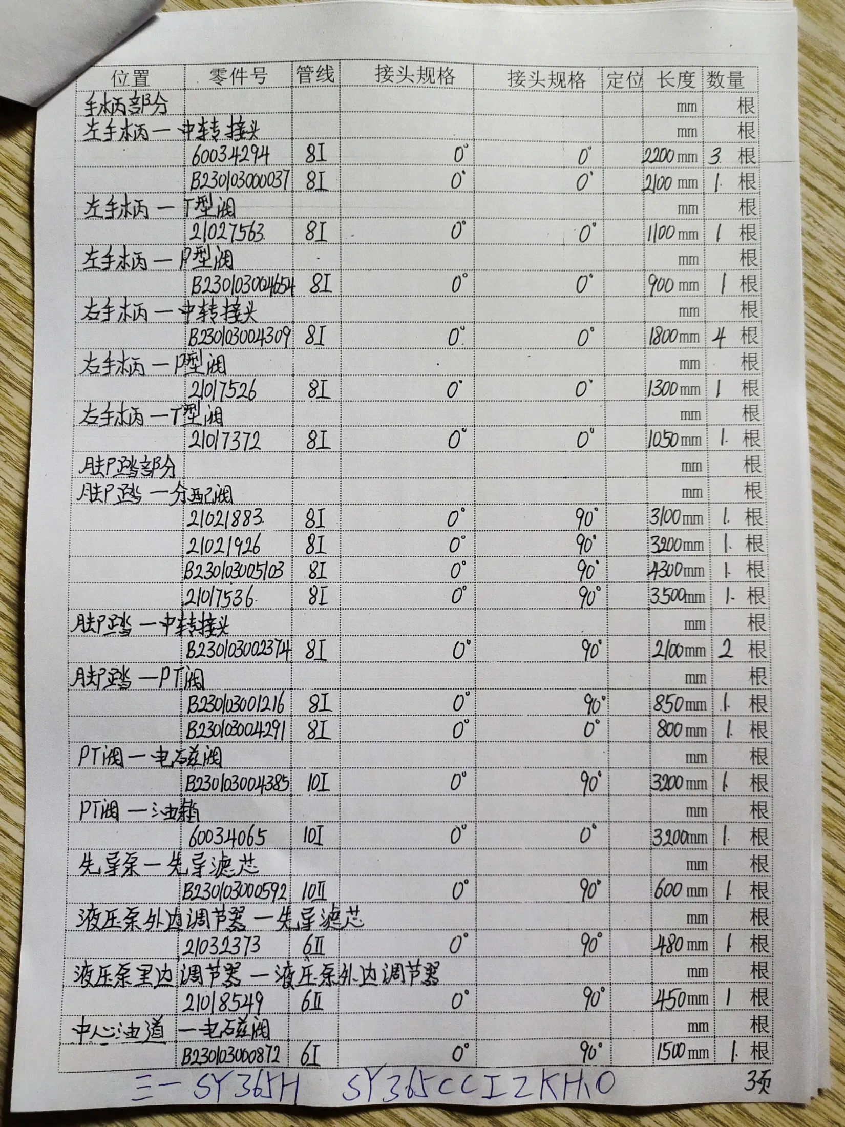SANY SY365H hydraulic hose part numbers and recorded lengths — technician notebook page 3 of 10 — recorded hose parts B2300300059210II, B23003001216, B23003004291