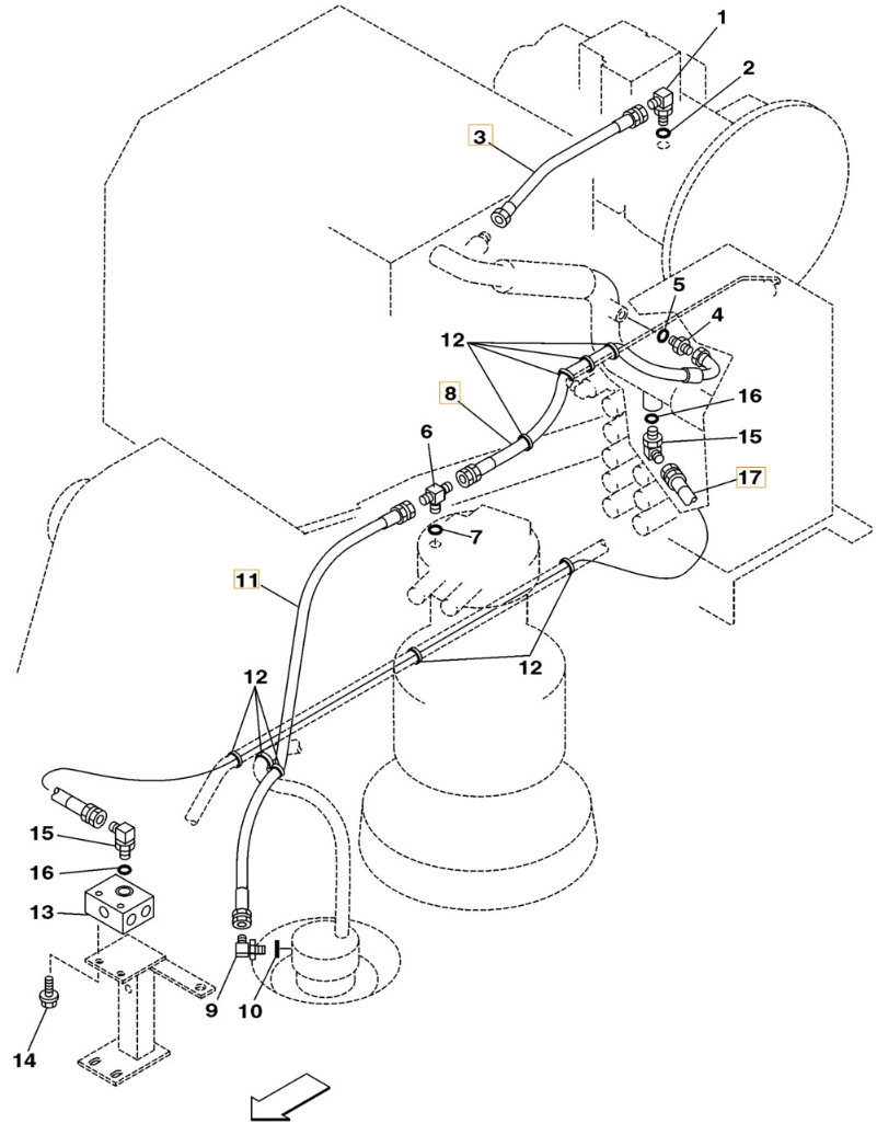 Case CX240 installation diagram showing hydraulic hose KHJ1144 at Pipe No. 17