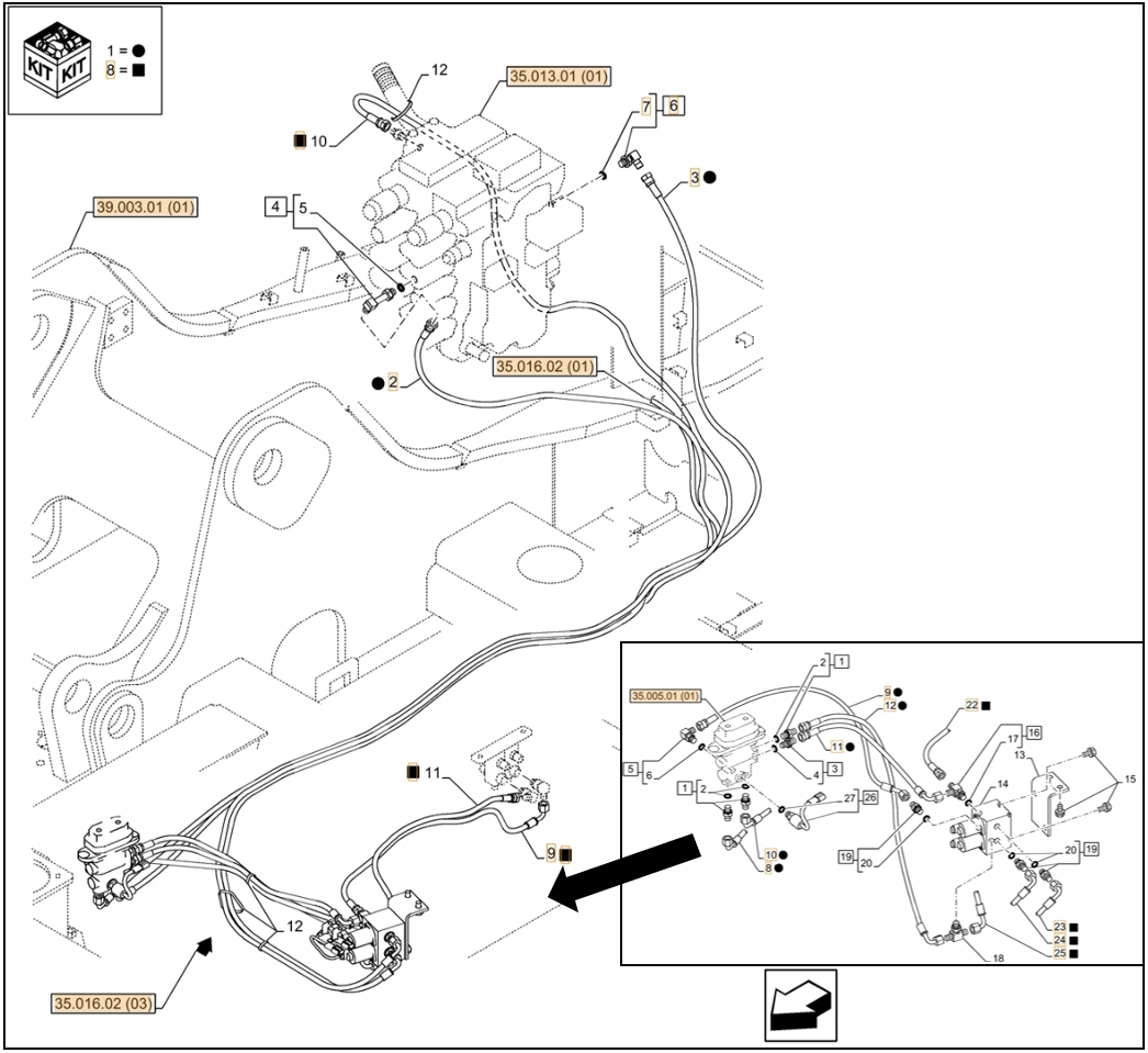 Case CX130C LC installation diagram showing hydraulic hose KHJ2036 at Pipe No. A9-B22