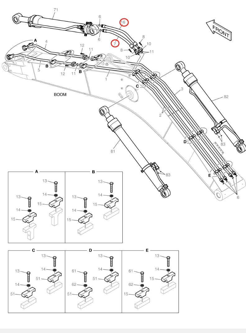 Doosan DX160LC-5 installation diagram showing hydraulic hose DS2016251 at Pipe No. 16