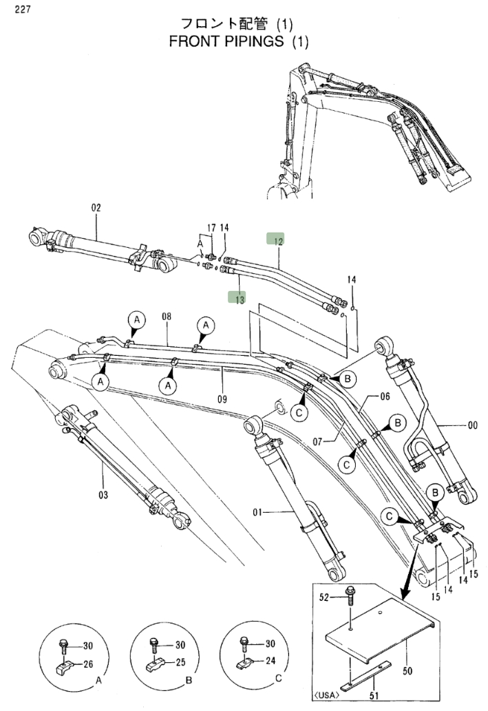 Hitachi EX100M-3 installation diagram showing hydraulic hose 4260311 at Pipe No. 12