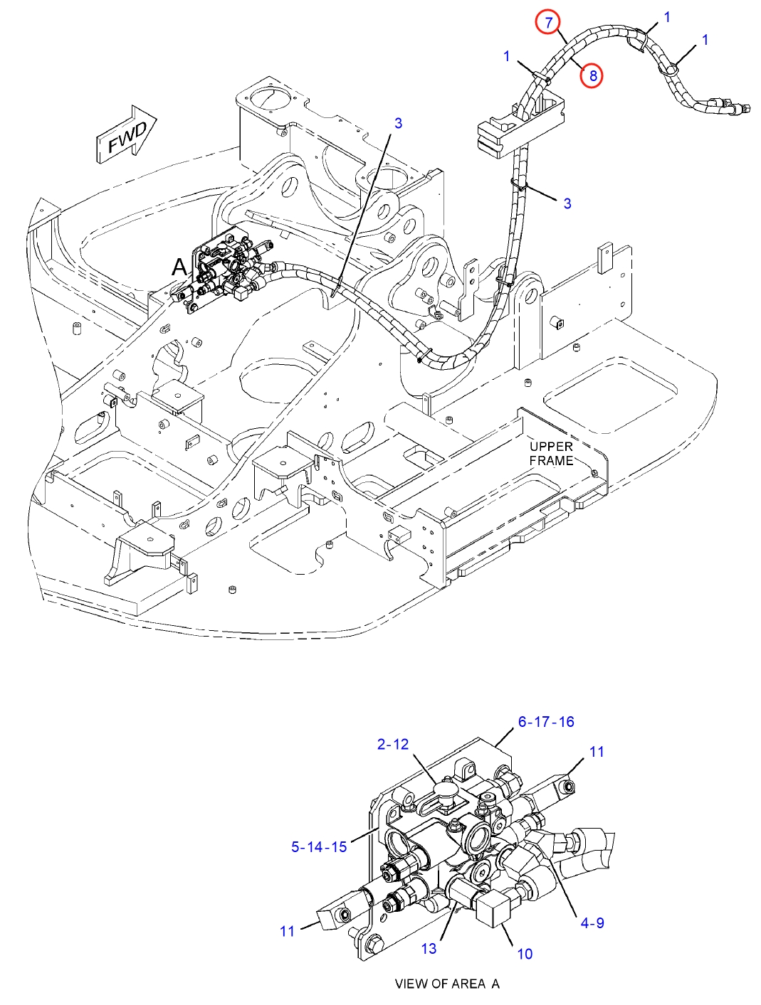 Caterpillar CAT®314F CR installation diagram showing hydraulic hose 419-5257 at Pipe No. 8