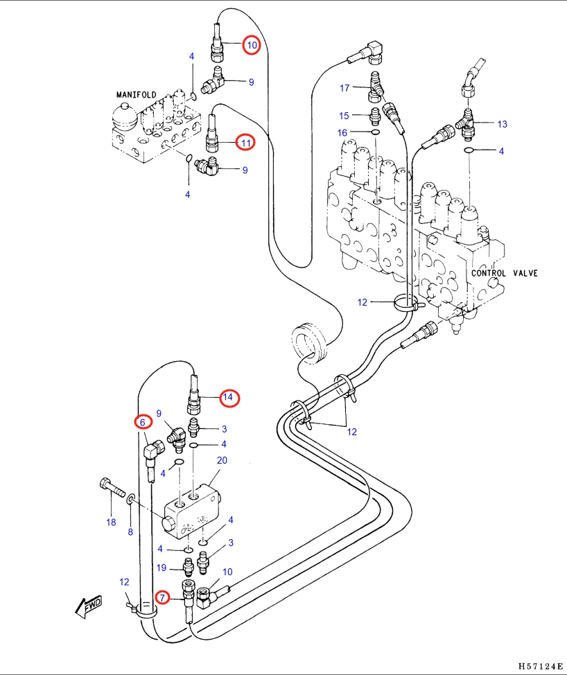 Caterpillar CAT®318B installation diagram showing hydraulic hose 108-7139 at Pipe No. 7
