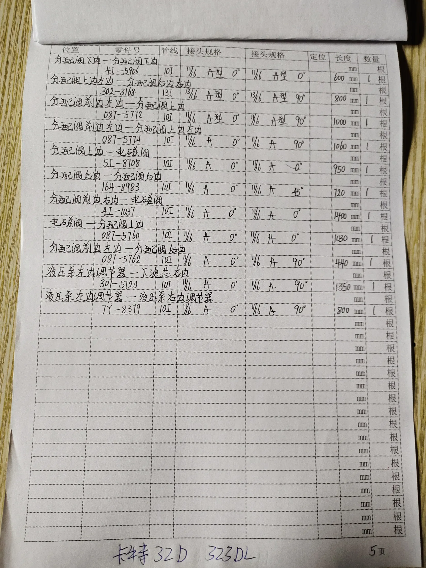 Caterpillar 323D hydraulic hose part numbers and recorded lengths — technician notebook page 5 of 5 — recorded hose parts 4I-1037, 4I-5906, 5I-8708