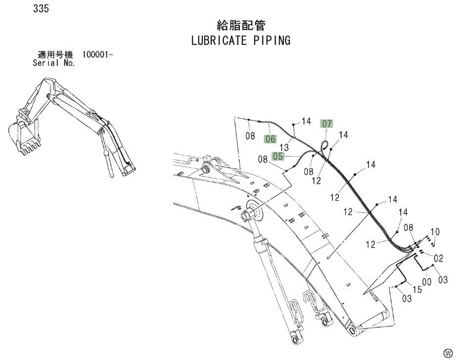 Hitachi ZX225USLC installation diagram showing hydraulic hose 4429287 at Pipe No. 6