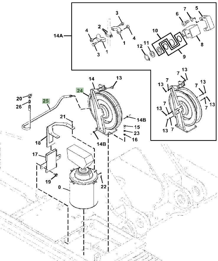 Hitachi ZX470LC-5G installation diagram showing hydraulic hose 4353626 at Pipe No. 24