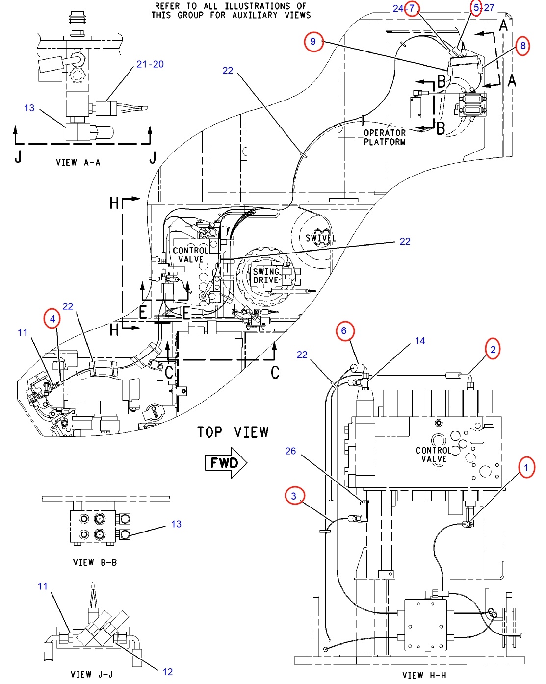 Caterpillar CAT®312C installation diagram showing hydraulic hose 087-5758 at Pipe No. 1