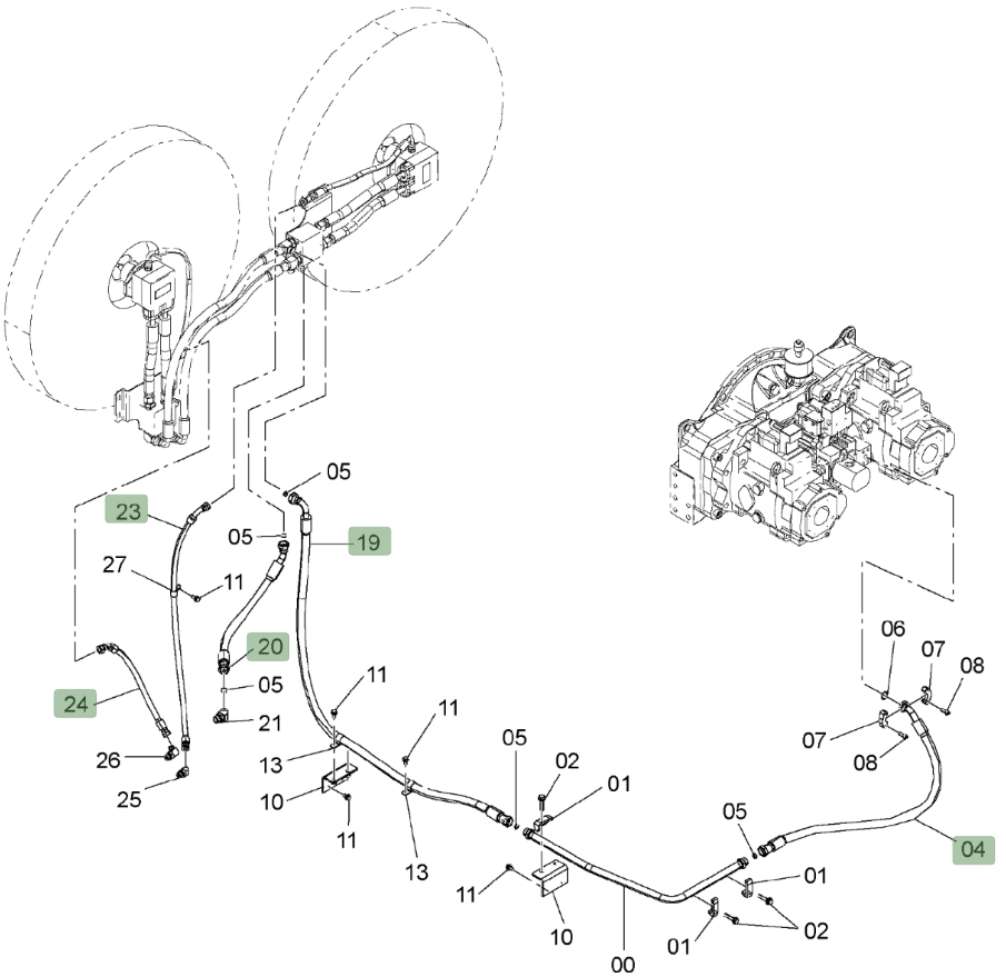 Hitachi ZX850LC-3 installation diagram showing hydraulic hose 4313430 at Pipe No. 23