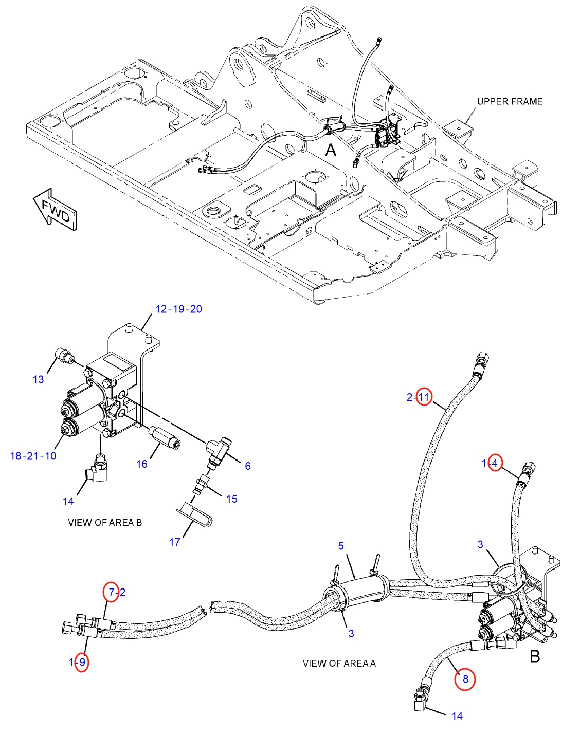 Caterpillar CAT®312E installation diagram showing hydraulic hose 307-4966 at Pipe No. 8