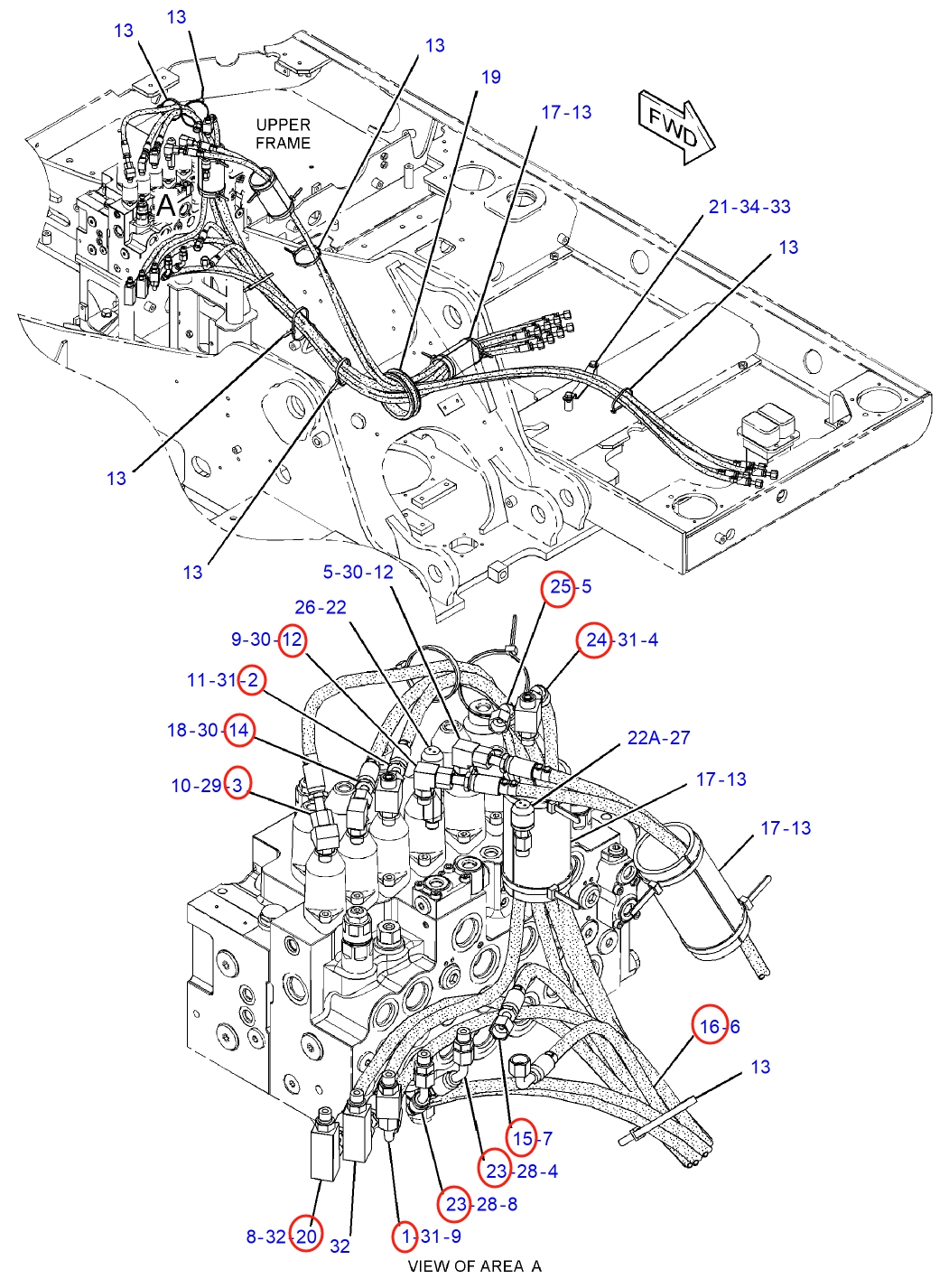 Caterpillar CAT®312E L installation diagram showing hydraulic hose 4I-3994 at Pipe No. 3