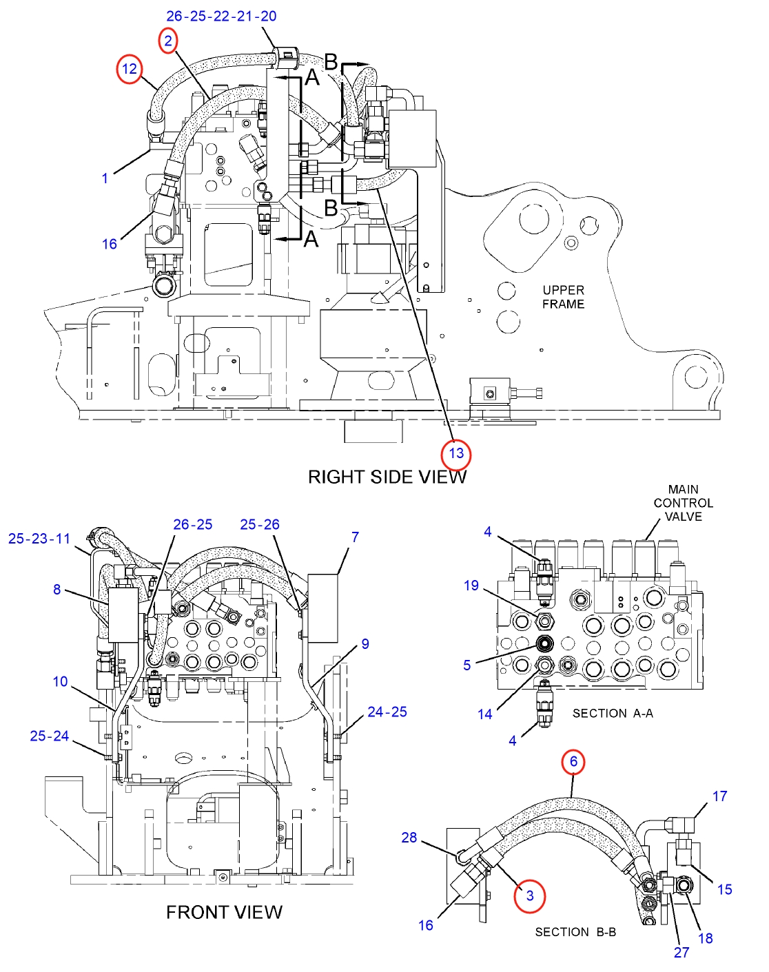 Caterpillar CAT®312D installation diagram showing hydraulic hose 282-7150 at Pipe No. 12