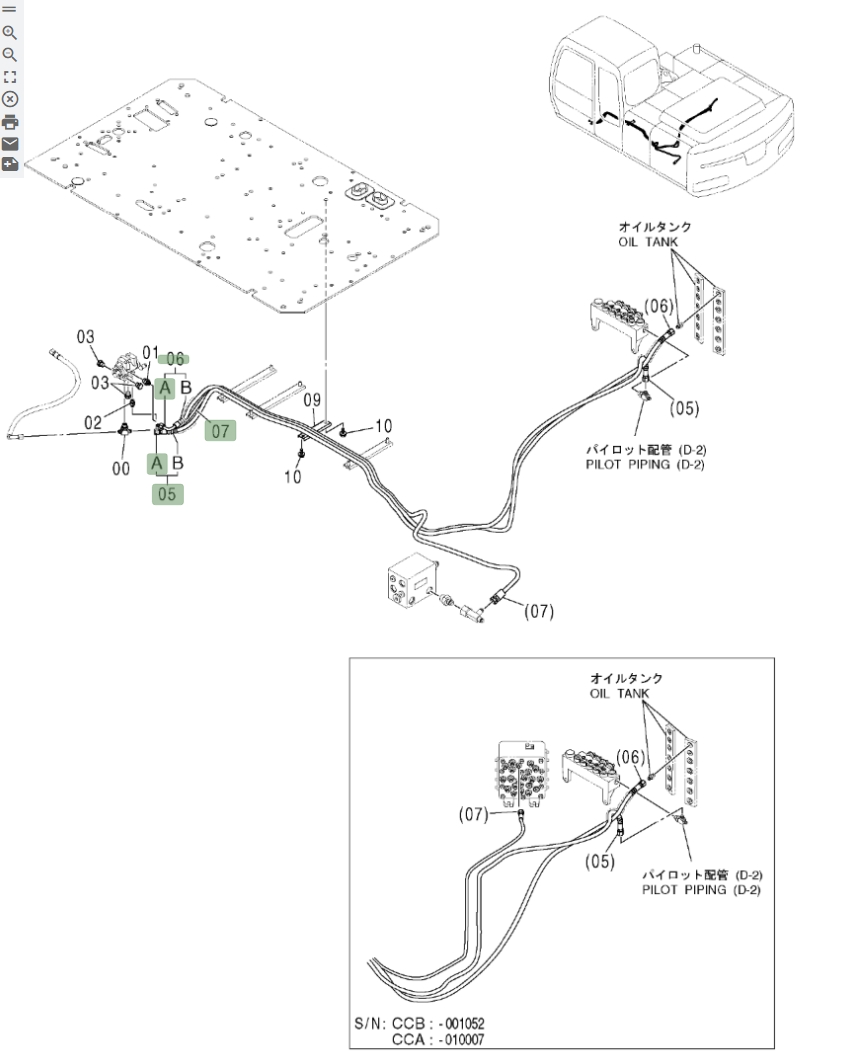 Hitachi ZX180W installation diagram showing hydraulic hose 9232916 at Pipe No. 5