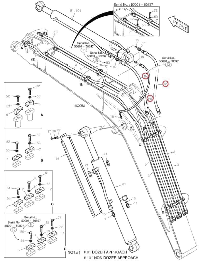 Doosan DX60R installation diagram showing hydraulic hose DS2053962 at Pipe No. 12
