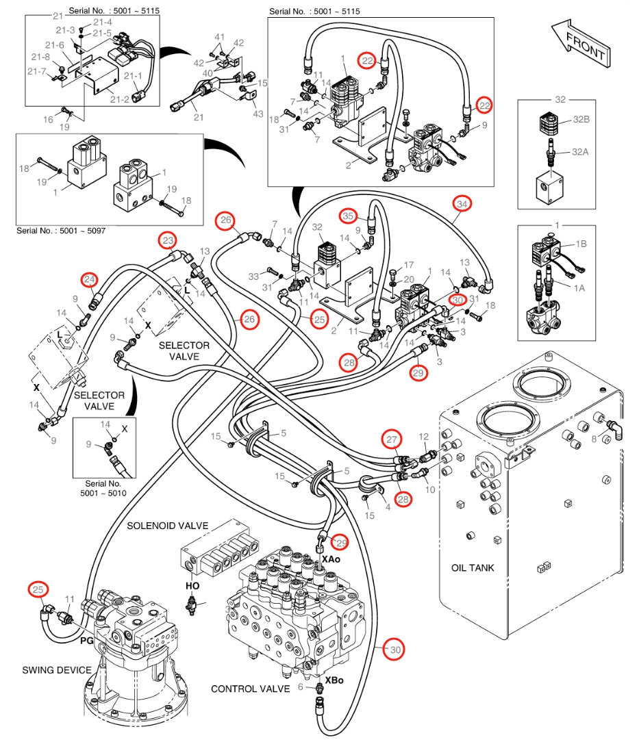 Doosan DX140W installation diagram showing hydraulic hose DS2094004 at Pipe No. 22