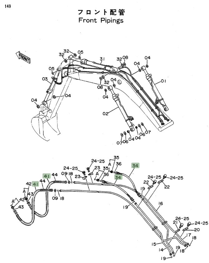 Hitachi EX100WD installation diagram showing hydraulic hose 4188905 at Pipe No. 34