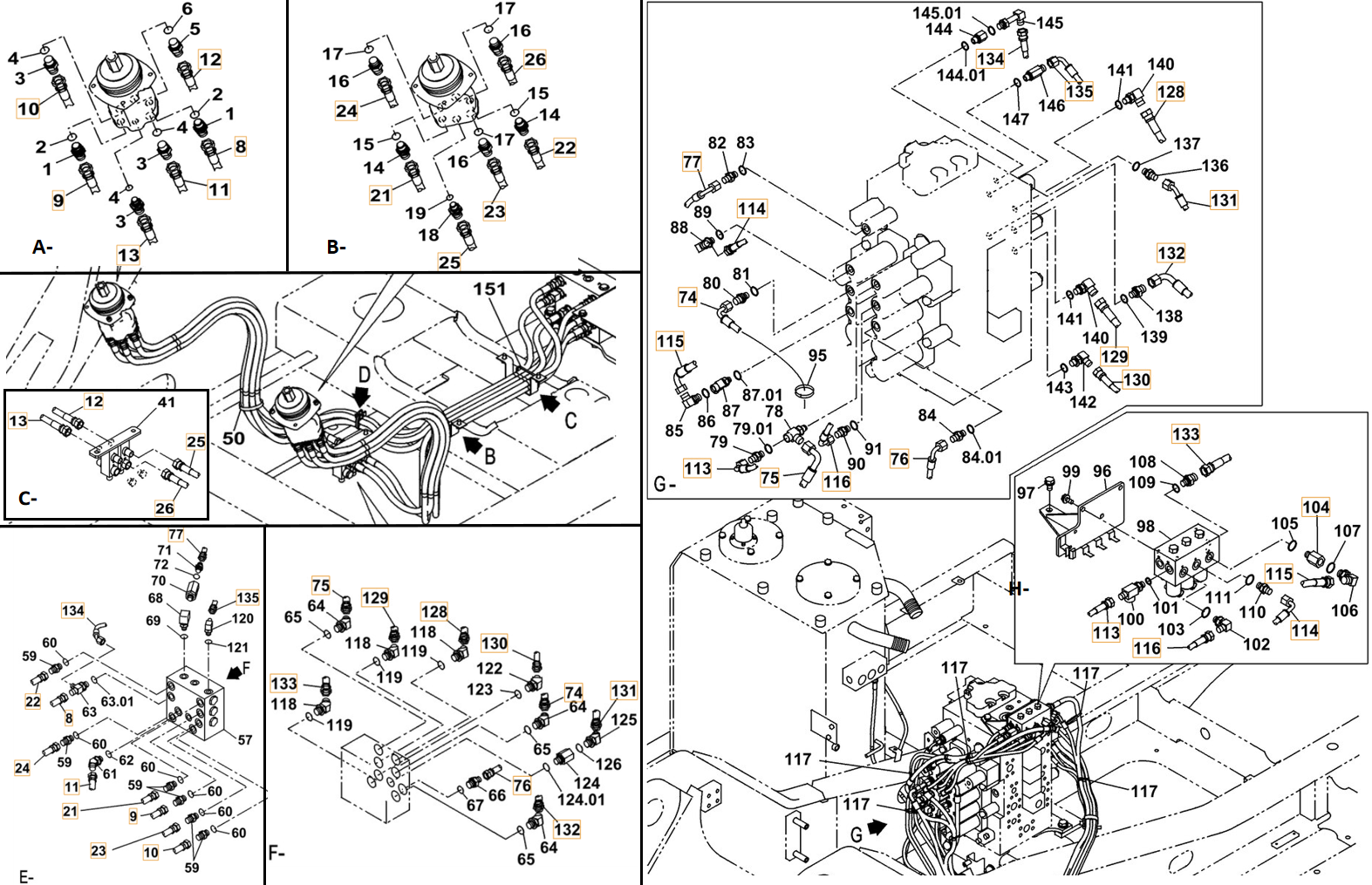 Case CX260C LC installation diagram showing hydraulic hose KHJ11540 at Pipe No. E135-G135