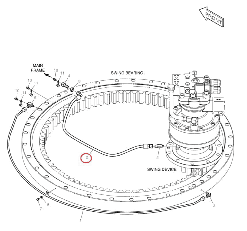 Doosan DX160W-3 installation diagram showing hydraulic hose 2184-1046D51 at Pipe No. 2
