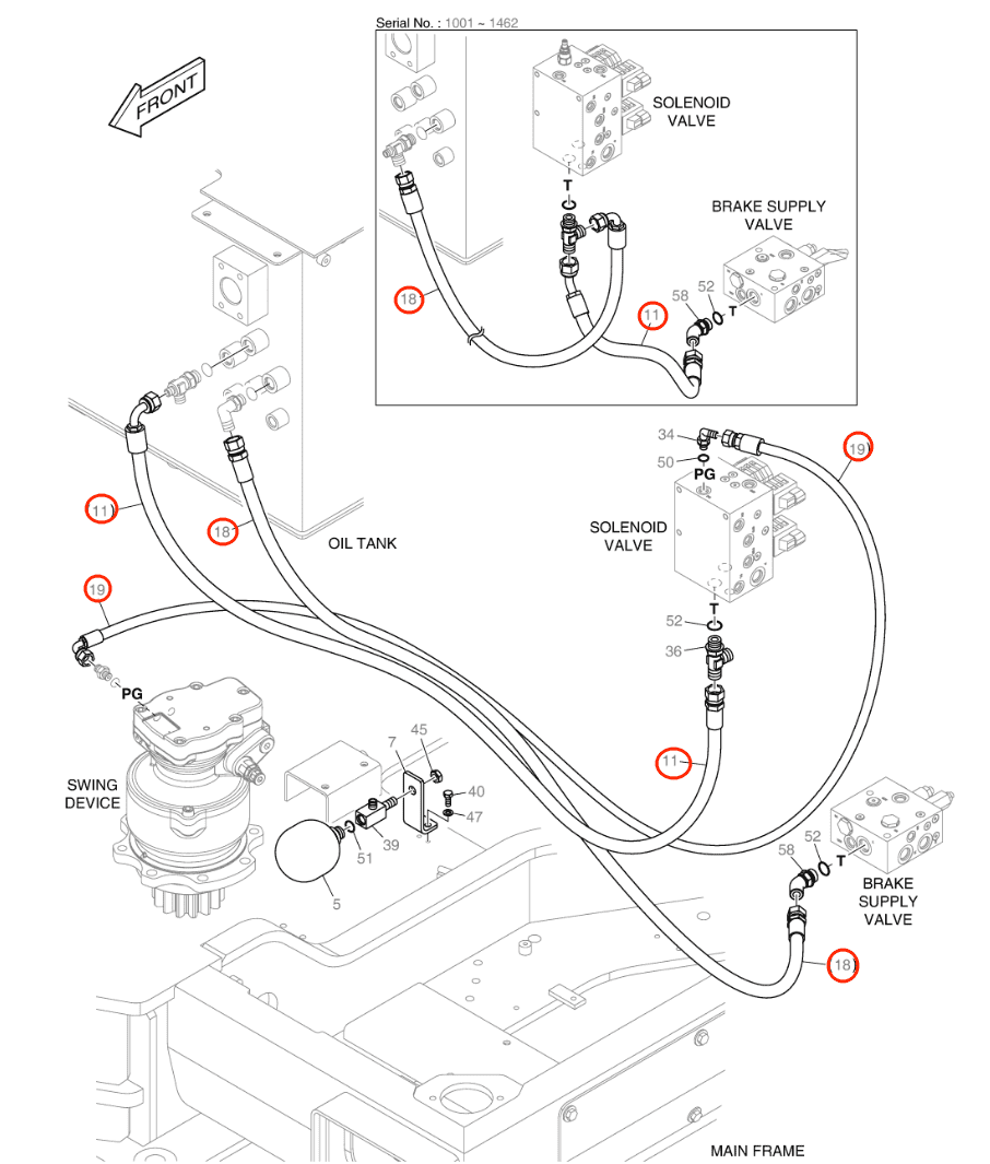 Doosan E57W installation diagram showing hydraulic hose DS2053827 at Pipe No. 11