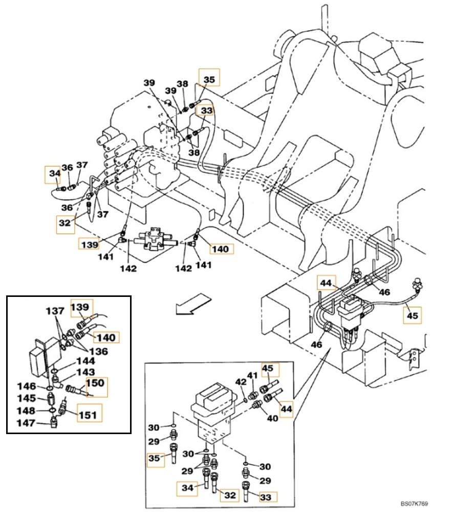 Case CX225SR installation diagram showing hydraulic hose KHJ2163 at Pipe No. 35