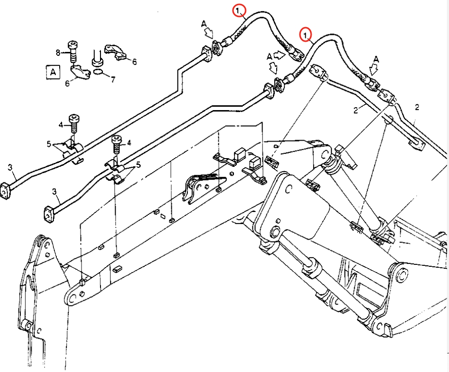 Caterpillar CAT®205B installation diagram showing hydraulic hose 8U-6184 at Pipe No. 1