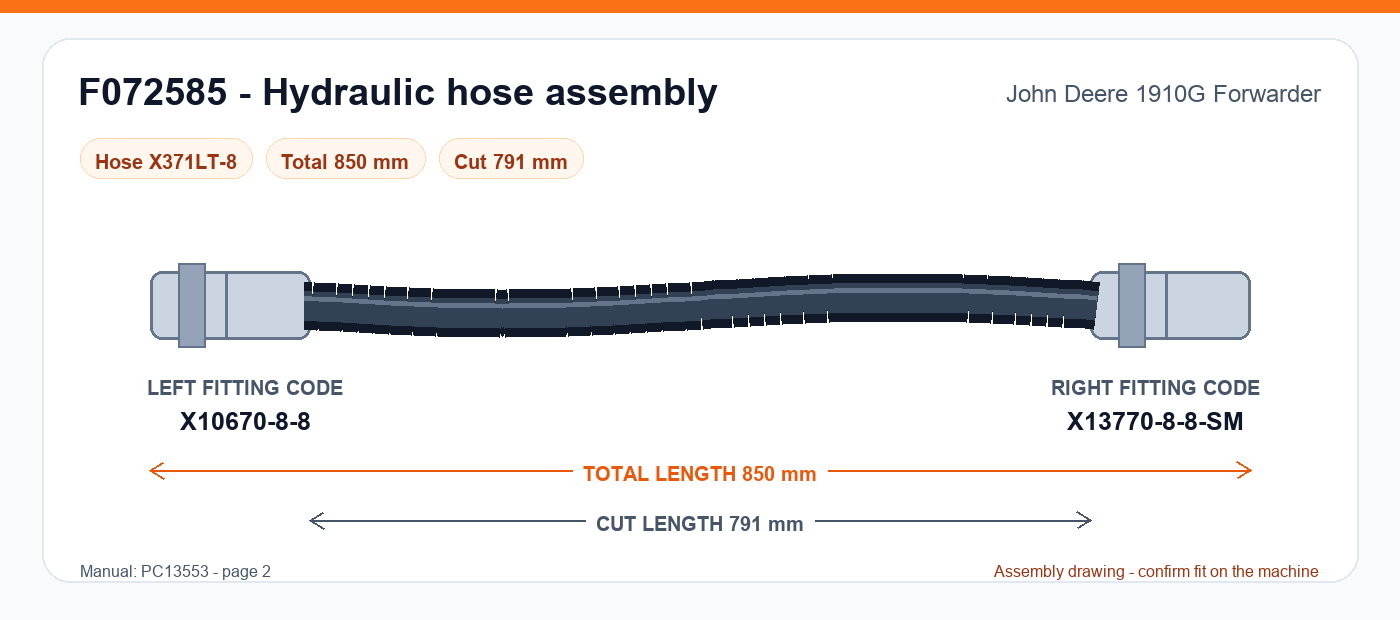 F072585 hydraulic hose assembly drawing for John Deere 1910G Forwarder - 850 mm total length, left fitting X10670-8-8, right fitting X13770-8-8-SM