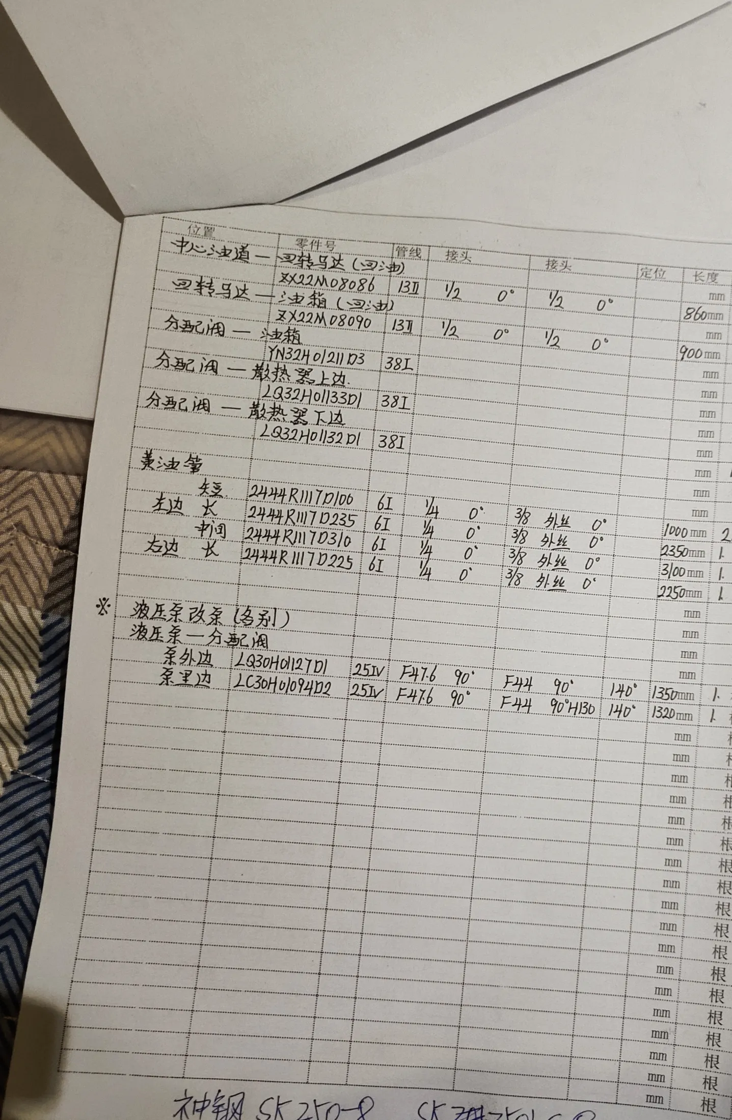 Kobelco SK250LC-8 hydraulic hose part numbers and recorded lengths — technician notebook page 2 of 5