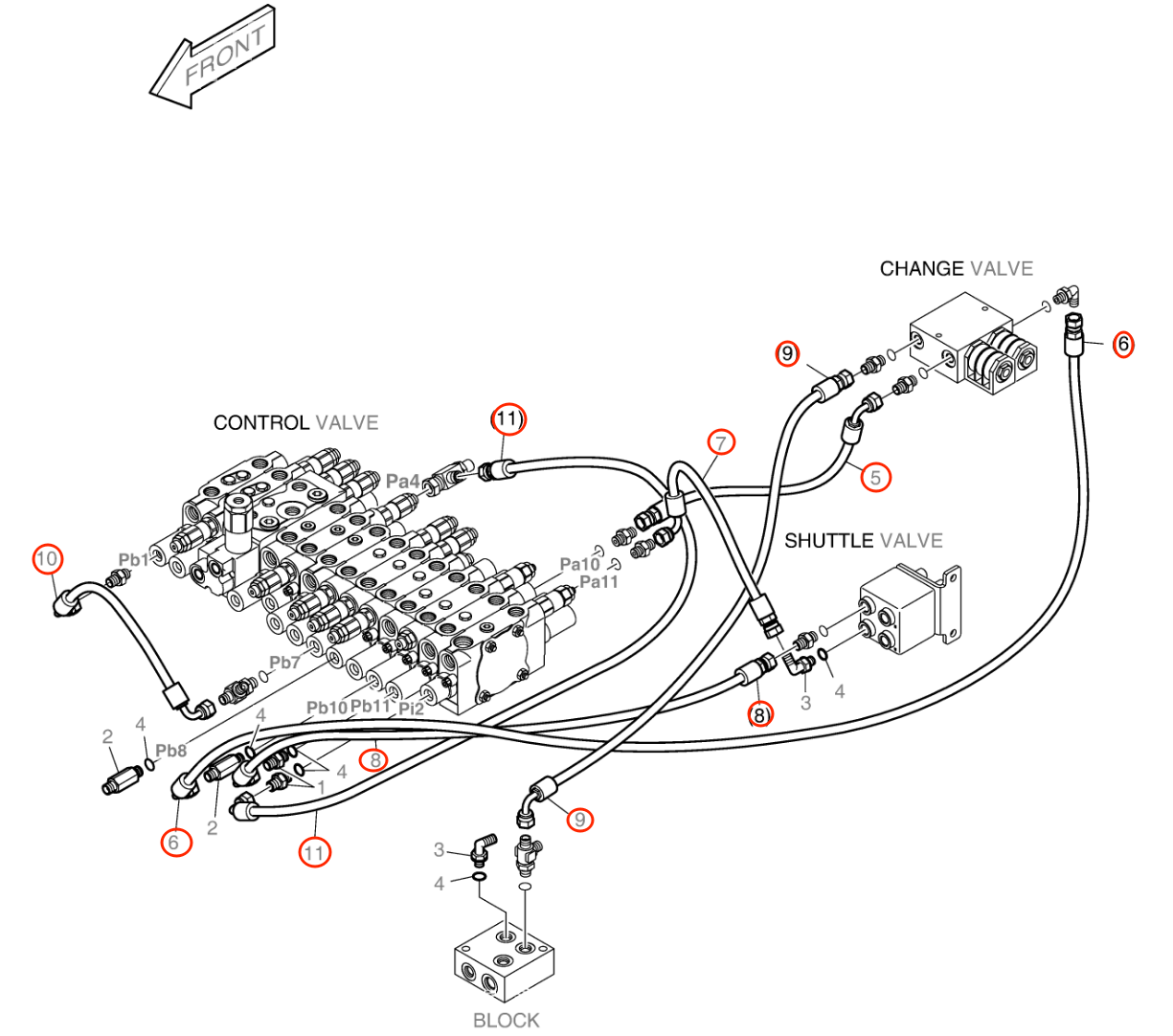 Doosan B55W-2 installation diagram showing hydraulic hose DS2093035 at Pipe No. 5