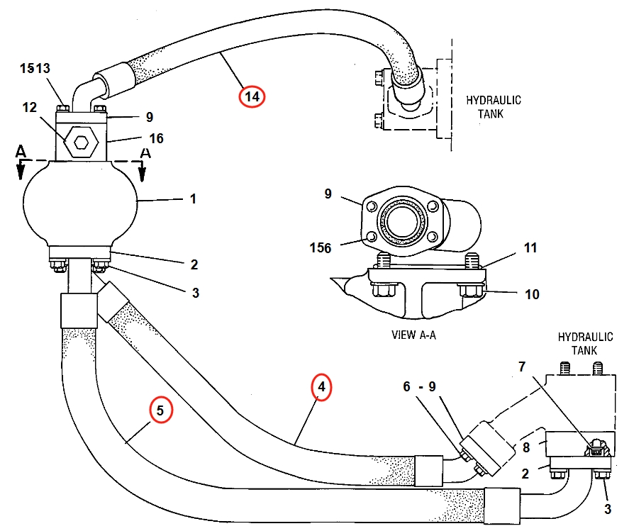 Caterpillar CAT®225B installation diagram showing hydraulic hose 6W-6303 at Pipe No. 14