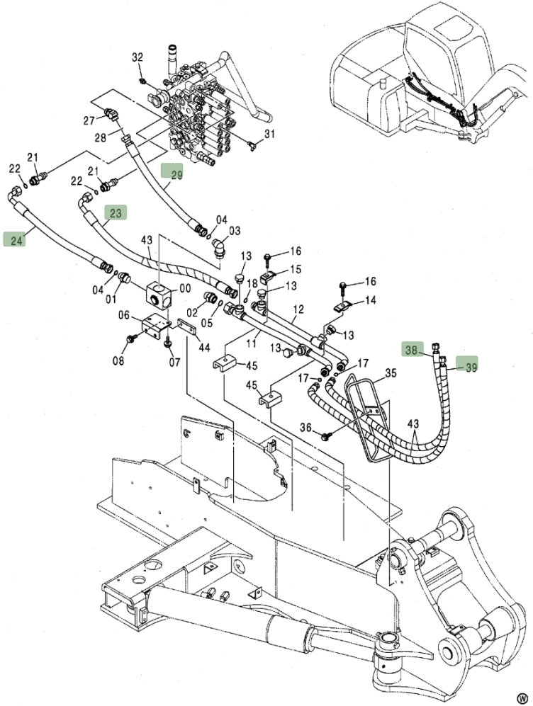 Hitachi ZX80 installation diagram showing hydraulic hose 4323278 at Pipe No. 29