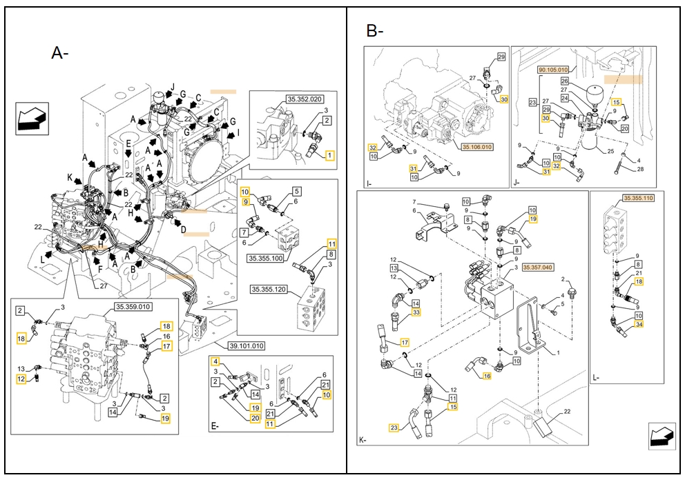 Case CX145D SR 2PB installation diagram showing hydraulic hose KHJ2097 at Pipe No. A1-B16